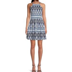 Vince Camuto Halter Dress Fit & Flare Blue White Abstract Art Pattern Sz 4 New